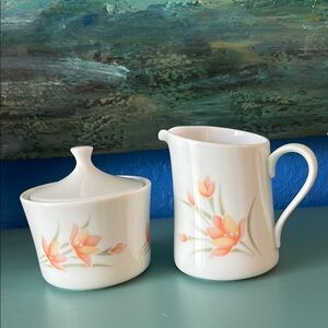 Corelle Peach Floral Creamer and Covered  Sugar Pot, part of the Occasions Line
